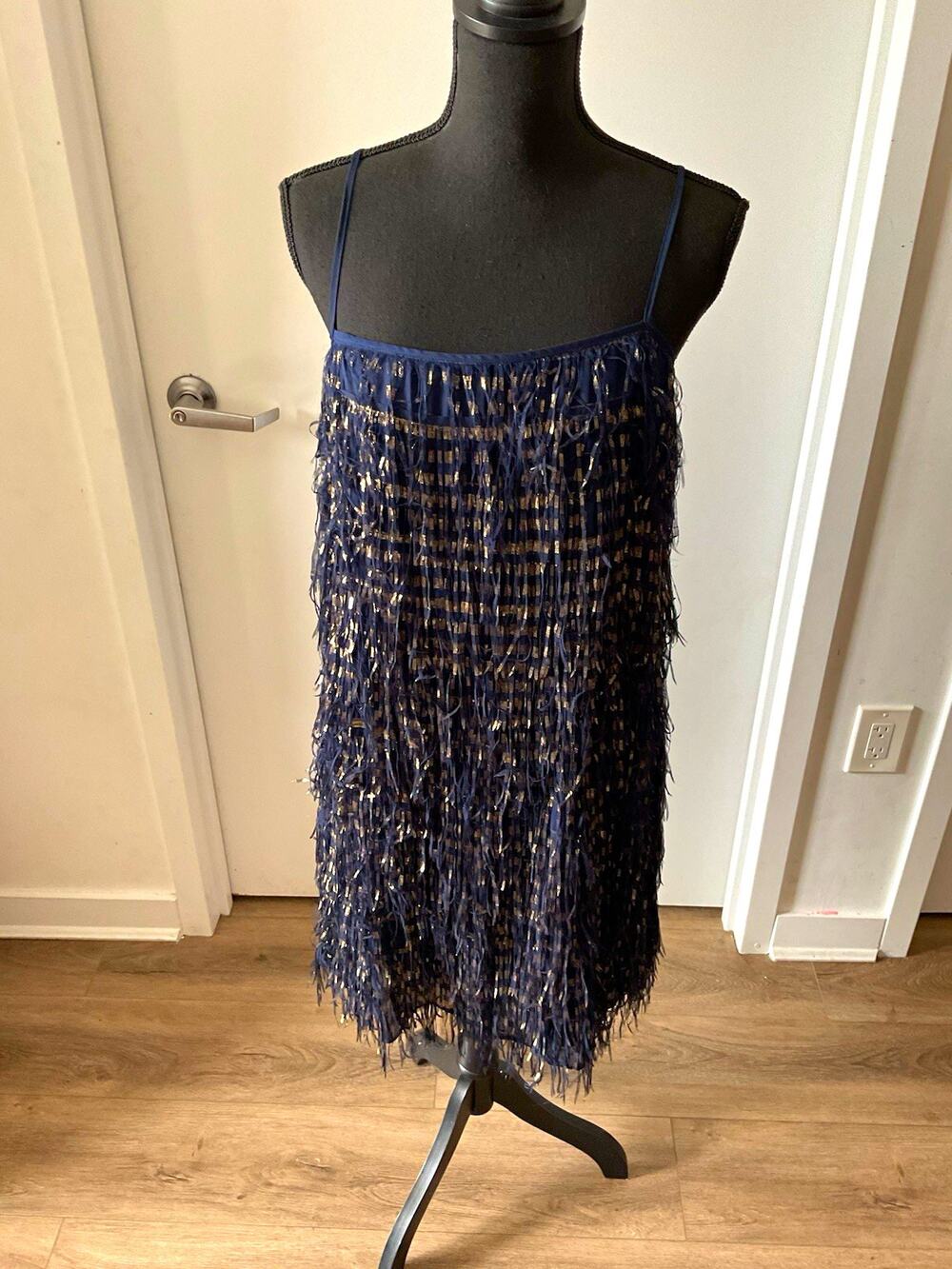 Nicole Miller New York Navy Shift Fringe Glitter Chiffon Dress Sz 10 Knee